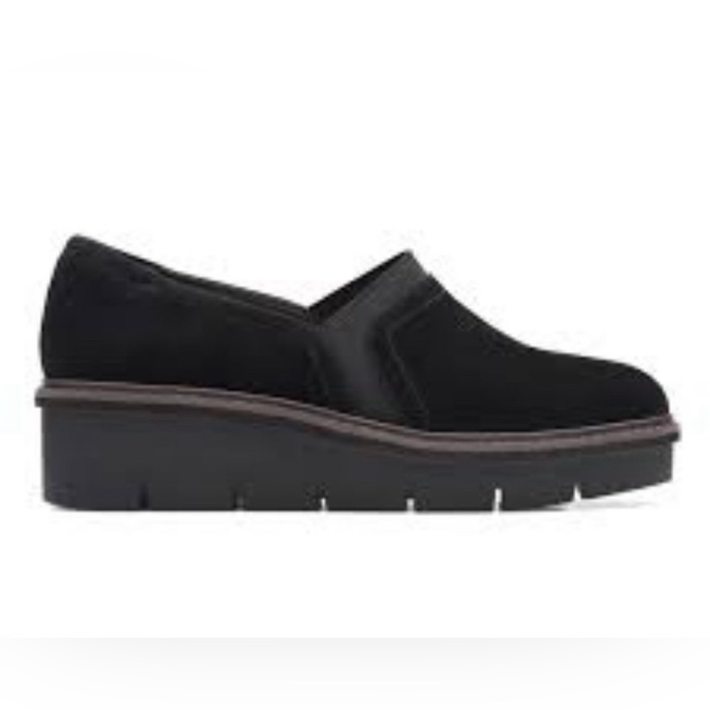CLARKS AIRABELL MID SLIP ON SUEDE LEATHER WEDGE SHOES BLACK Size 9.5